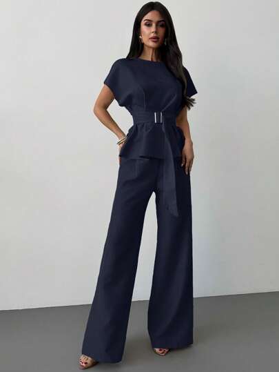Firerie Spring/Summer New Casual Elegant Daily Commute Beige Linen Bamboo Knot Decor Round Neck Cinched Waist Shirt & High Waisted Straight Leg Pants Commute Suit, Linen Suit For Daily Wear, Vacation Outfit Navy Blue