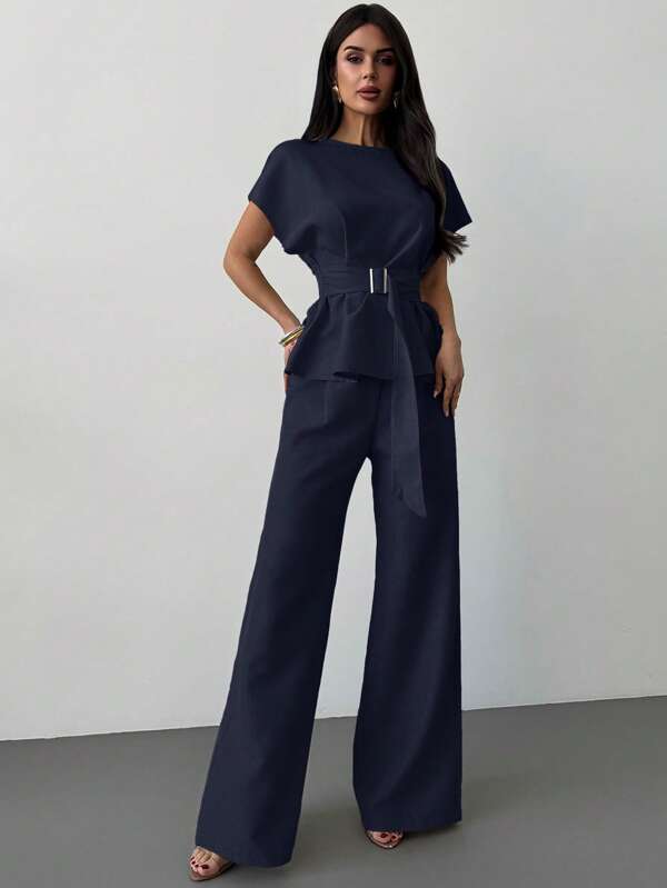 Firerie Spring/Summer New Casual Elegant Daily Commute Beige Linen Bamboo Knot Decor Round Neck Cinched Waist Shirt & High Waisted Straight Leg Pants Commute Suit, Linen Suit For Daily Wear, Vacation Outfit