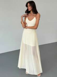 Aloruh Women's Sleeveless Dress, Solid Color, Elegant Summer Style - Apricot - View 4