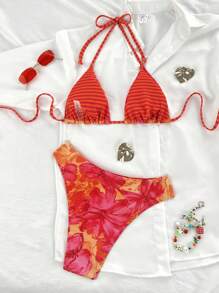 Swim Vcay 女士热带花卉露背性感比基尼套装，适合海滩度假 - 彩色 - 查看 2