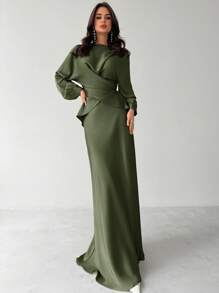 Firerie 女士优雅杏色缎面不对称下摆缎面半身裙 - 軍綠色 - 查看 4