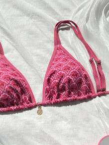 SHEIN 1pc Women Sexy Random Flower Double Strap Metallic Disc Pendant Swimsuit Top, Pink Bikini Top, Vacation For Summer - Hot Pink - View 3