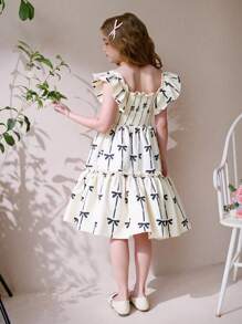 SHEIN Tween Girl Off-White,Summer,Elegant,Party Ditsy Floral Flutter Sleeve A-Line Dress With Bow Knot,Casual Ruffle Dress For Spring,Autumn,School,Vacation - Multicolor - View 3