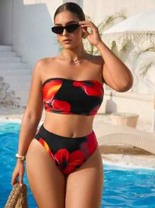Slaydiva Conjunto de bikini con top bandeau y estampado floral para mujer talla grande, traje de baño de playa de verano - Multicolor - Ver 6