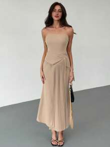 Aloruh Damen elegantes einfarbiges plissiertes Bandeau-Kleid, Sommer - Khaki - Übersicht 3