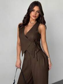 Firerie Conjunto de primavera/verano elegante y sencillo para uso diario: Chaleco con lazo en la cintura en color lino y pantalones anchos de cintura alta con pliegues, conjunto de traje para ir a la oficina en otoño/invierno