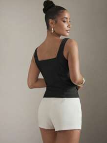 Hauture Women's Sweet Heart Neck Beige Tank Top With Fake Pockets And Front Gold Buttons
