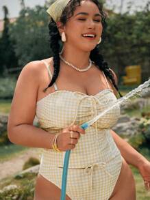 Swim Mod Plus Size Women's Yellow Plaid 2pcs Tankini Swimsuit Set For Summer Beach Vacation