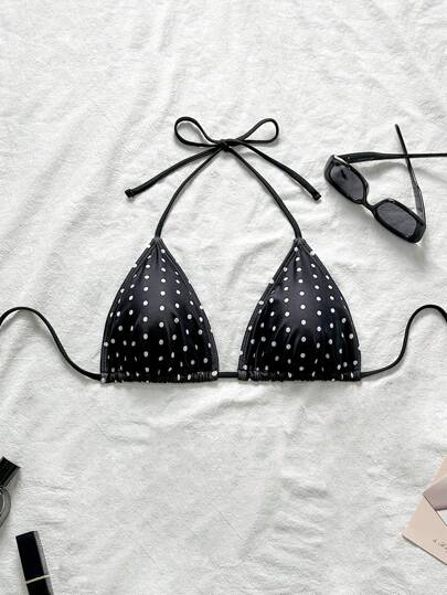 Swim Vcay Black & White Polka Dot Sexy Women's Halter Bikini Top For Summer Beach Vacation