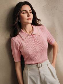 Anewsta Stylish Polo Collar Knit Top/Shirt, Elegant Modern Design, Summer - Pink - View 3