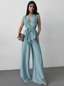 Firerie Conjunto casual de verano para mujer de 2 piezas - Top holgado de cuello en V sin mangas con cordón en la cintura y pantalones de pierna recta, versátil y elegante para uso diario - Azul - Ver 3