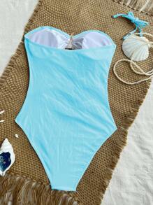 SHEIN Swim Traje de baño de una pieza con diseño de estrella de mar hueca y correa desmontable, color azul claro, elegante atuendo de playa para vacaciones de mujer, Primavera/Verano 2026 - Azul - Ver 5