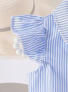 SHEIN Playful Pals 1pc Baby Girls Peter Pan Collar Ruffled Cap Sleeve Dress Cute Party Summer Blue And White Stripe Button Front A-Line High Waist 3D Floral Rose Print - Blue - View 6