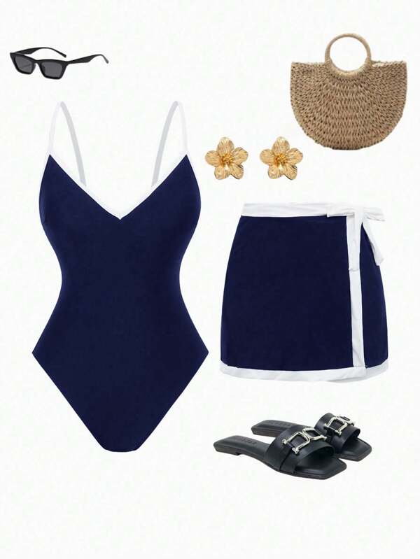 Swim Oasis 2pcs Standard Women Navy Adjustable Strap One-Piece Swimsuit & Beachwear Set