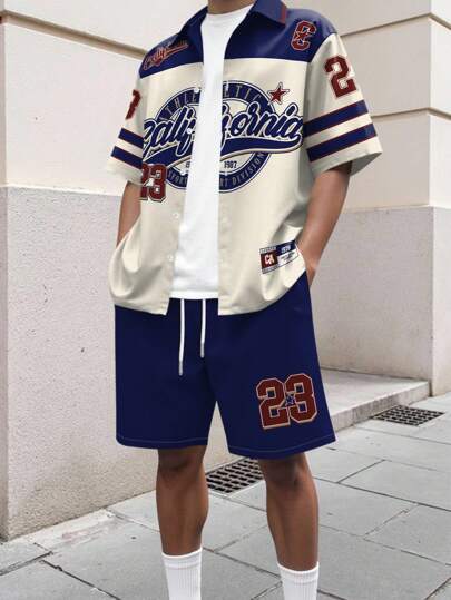 Manfinity Campus Court Digital Print Shirt Set, Fashion Suitable For Summer