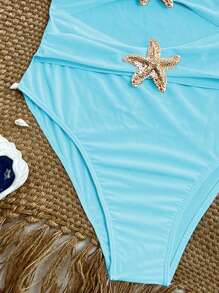 SHEIN Swim Traje de baño de una pieza con diseño de estrella de mar hueca y correa desmontable, color azul claro, elegante atuendo de playa para vacaciones de mujer, Primavera/Verano 2026 - Azul - Ver 7