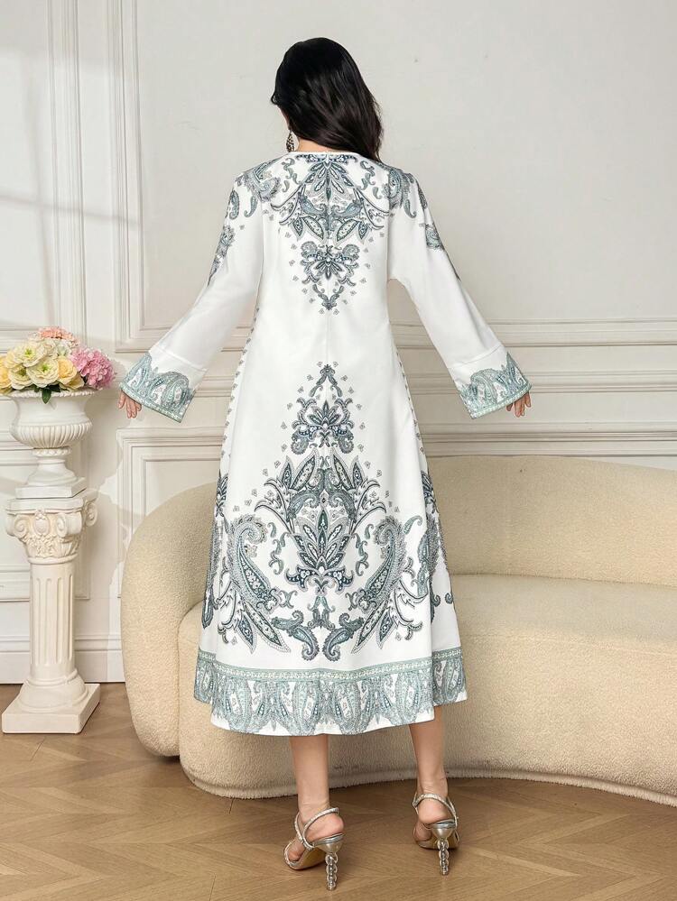 Blue & White Porcelain Full Floral Print A-Line Women's Mid-Length Dress, Fall Dress Long Sleeve Dress