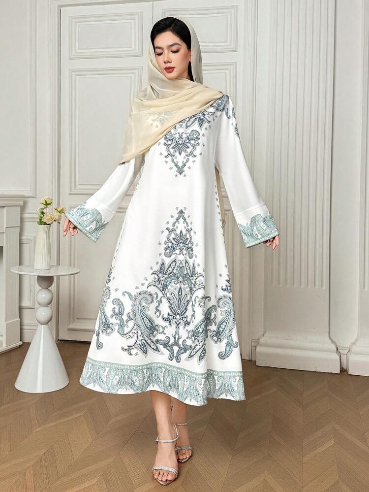 Blue & White Porcelain Full Floral Print A-Line Women's Mid-Length Dress, Fall Dress Long Sleeve Dress