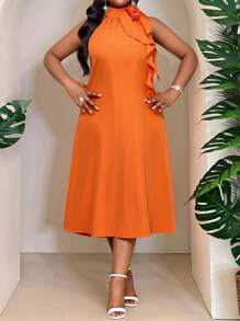 SHEIN Lady Vestido naranja de longitud media con decoración de volantes 3D tridimensionales en el cuello. Vestido holgado y casual elegante para damas. Para primavera y verano. Estilo bohemio. Vestido de talla grande - Naranja - Ver 4