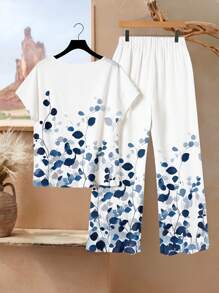 Rusticease 2pcs Women Floral Print Short Sleeve Top And Elastic Waist Pants Set
