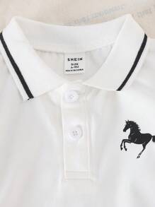 Set de 2 piezas para niños pequeños: Camisa de polo de manga corta con estampado de animales y caballos + Pantalones casuales de cintura elástica a rayas, de tela suave para deportes, correr, uso diario, nueva colección de verano.