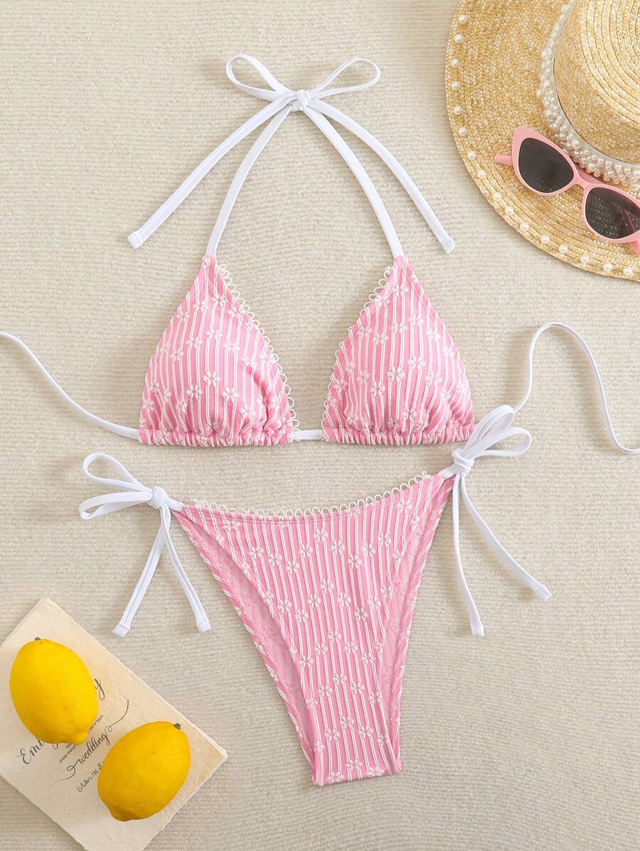 Swim Mod 2pcs/Set Women Floral Jacquard V-Neck Halter Ruffle Trim Crop Top And Tie Side Bikini Swimsuit Set For Summer Beach Vacation - Pink - View 1