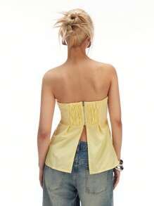 LYSMO 2025 Women's Pleated Slim Waist Ruched Back Slit Strapless Shirt Blouse,Pale Yellow Summer Elegant Brunch Minimalist Casual Style Vacation Date Top - Yellow - View 2