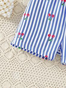 Baby Girl Casual Striped & Cherry Print Romper, Spring/Summer - Blue - View 7