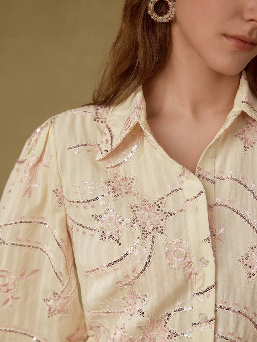MOTF PREMIUM CONTRAST SEQUIN EMBROIDERY SHIRT - Pink - View 2