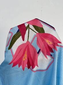 Coolane 男女款夏季情侣同款街头潮流节日辣妹花朵数字图案透气网眼浅蓝色超大V领针织T恤 - 淺藍色 - 查看 7