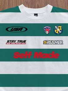 Manfinity VCAY 男士宽松撞色条纹字母印花短款T恤，街头风，夏季，校园，情侣装 - 彩色 - 查看 2