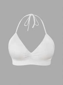 SHEIN 1 件女士无缝无钢圈薄衬里低胸聚拢文胸，带挂脖领，性感露背 - 白色 - 查看 8