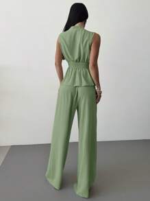 Firerie 女士优雅简约夏季休闲套装，包括宽松 V 领无袖上衣（系腰带）和直筒松紧腰裤，米色 - 薄荷綠 - 查看 2