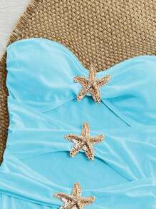 SHEIN Swim Traje de baño de una pieza con diseño de estrella de mar hueca y correa desmontable, color azul claro, elegante atuendo de playa para vacaciones de mujer, Primavera/Verano 2026 - Azul - Ver 6