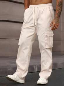 Manfinity Homme Men's Solid Color Drawstring Waist Straight Casual Pants, Suitable For Everyday Wear - Apricot - View 5