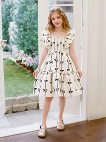 SHEIN Tween Girl Off-White,Summer,Elegant,Party Ditsy Floral Flutter Sleeve A-Line Dress With Bow Knot,Casual Ruffle Dress For Spring,Autumn,School,Vacation - Multicolor - View 8