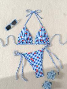 Swim Mod 2pcs Women's New Summer Swimwear Set, Halter Neck Triangle Top & Tie Side Bottoms, Bikini Set For Vacation