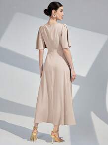 Modelyn 女士纯色圆领荷叶边短袖连衣裙长款晚礼服 - 杏色 - 查看 2