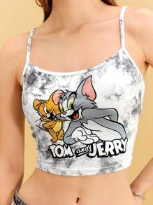 TOM & JERRY X SHEIN Women's Cami Top, Cartoon & Letter Graphic Top, Grey Tie-Dye Pattern, Cartoon Pattern, Tight Cami Top, Casual, Summer,Summer
