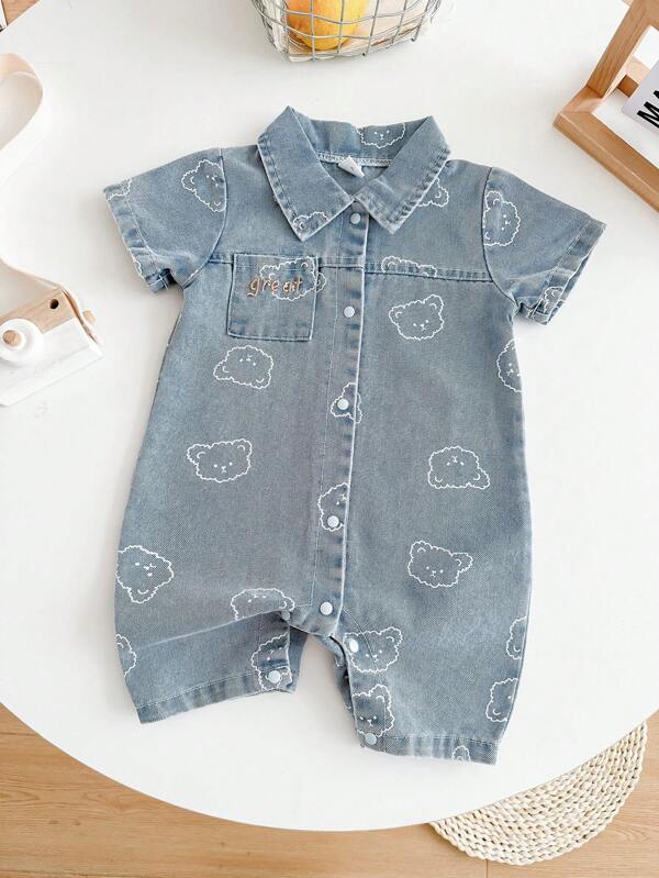 SHEIN Baby Boy Cute Bear Plaid Print Short Sleeve Romper, Summer Infant Clothing