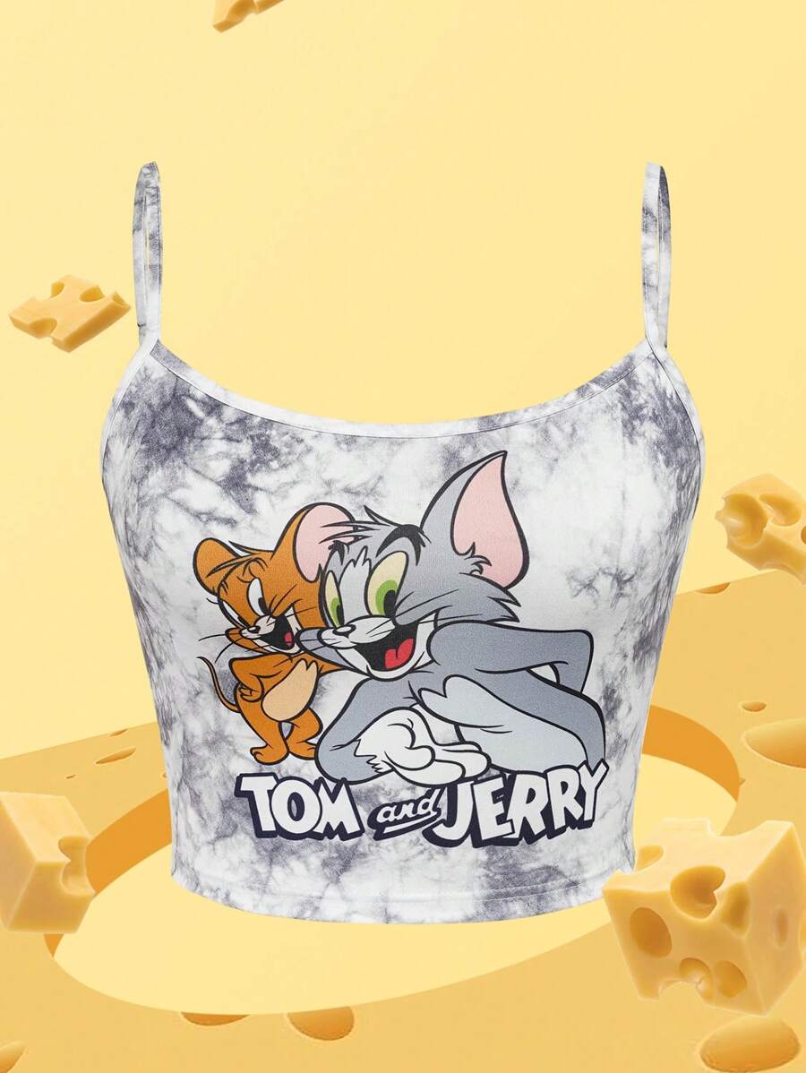 TOM & JERRY X SHEIN Women's Cami Top, Cartoon & Letter Graphic Top, Grey Tie-Dye Pattern, Cartoon Pattern, Tight Cami Top, Casual, Summer,Summer