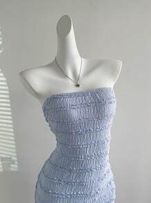 Sweetra Casual Knitted Ruffle Trim Bodycon Mini Dress With Open Back Tie-Up Detail, Light Blue, Spring/Summer