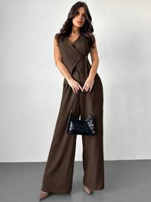 Firerie Conjunto de primavera/verano elegante y sencillo para uso diario: Chaleco con lazo en la cintura en color lino y pantalones anchos de cintura alta con pliegues, conjunto de traje para ir a la oficina en otoño/invierno