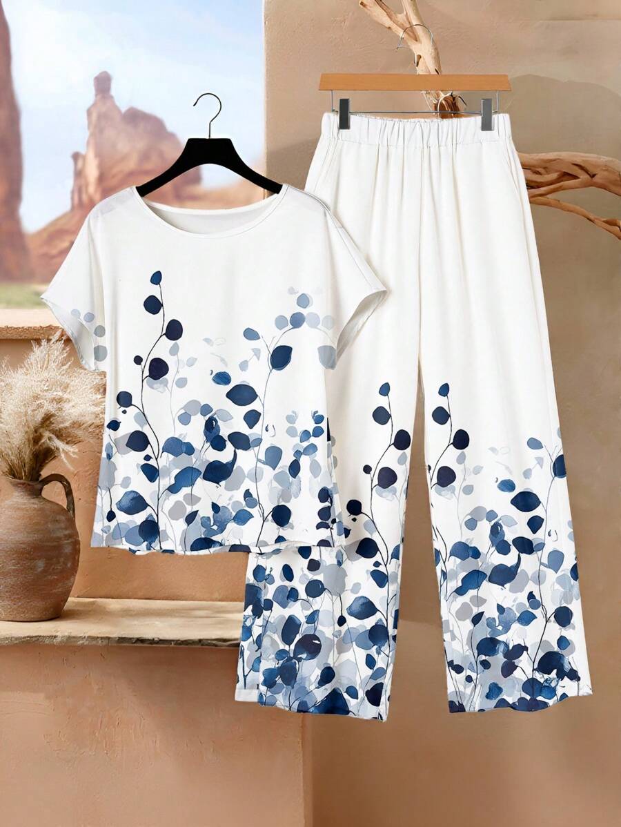 Rusticease 2pcs Women Floral Print Short Sleeve Top And Elastic Waist Pants Set