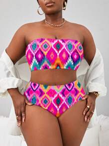 Slaydiva Plus Size Women Colorful Print Removable Wide Strap Bandeau Bikini Set, Minimalist Design For Beach, Vacation, Travel For Summer - Black - View 1