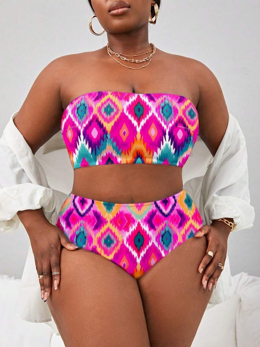 Slaydiva Plus Size Women Colorful Print Removable Wide Strap Bandeau Bikini Set, Minimalist Design For Beach, Vacation, Travel For Summer - Black - View 1