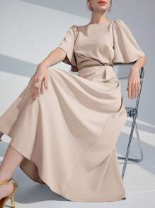 Modelyn 女士纯色圆领荷叶边短袖连衣裙长款晚礼服 - 杏色 - 查看 8