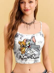 TOM & JERRY X SHEIN Women's Cami Top, Cartoon & Letter Graphic Top, Grey Tie-Dye Pattern, Cartoon Pattern, Tight Cami Top, Casual, Summer,Summer