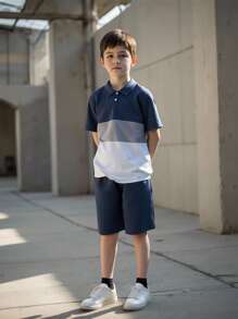 SHEIN Tween Boy Colorblock Polo Shirt & Shorts, School, Campus, College Summer Holiday