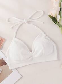 SHEIN 1 件女士无缝无钢圈薄衬里低胸聚拢文胸，带挂脖领，性感露背 - 白色 - 查看 7